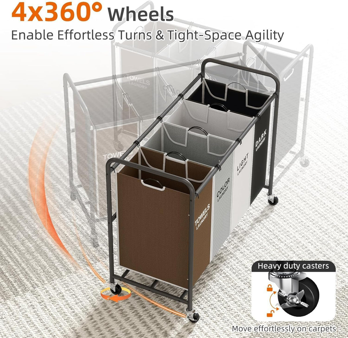 Laundry Hamper Sorter Cart, 4-Section Organizer with Lockable Wheels