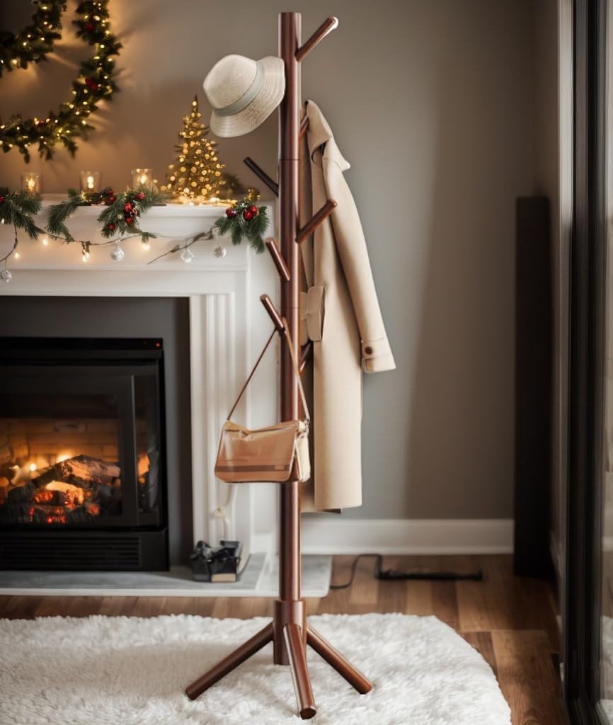 Living Room Solid Wooden Coat Rack Freestanding with 8 Hooks