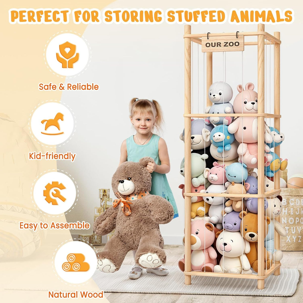 Stuffed Animal Storage & Organizer, Wooden Toy Holder Zoo for Kids Bedroom