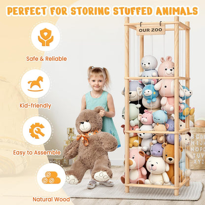 Stuffed Animal Storage & Organizer, Wooden Toy Holder Zoo for Kids Bedroom