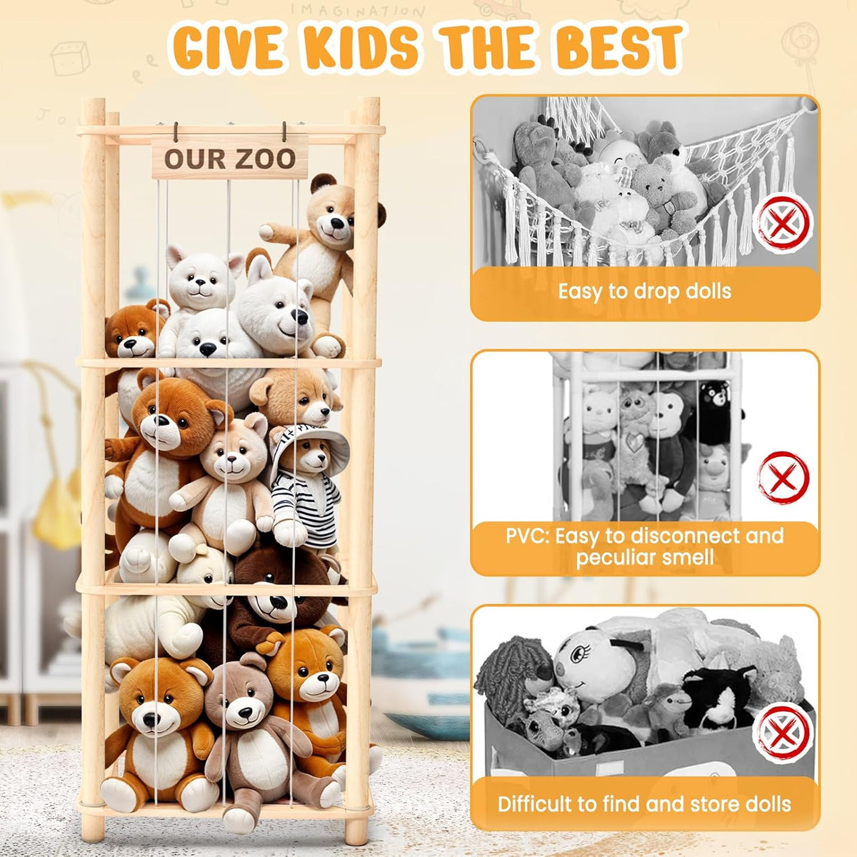 Stuffed Animal Storage & Organizer, Wooden Toy Holder Zoo for Kids Bedroom