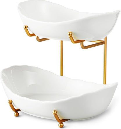 2 Tier Fruit Bowl, Ceramic Fruit Basket for Kitchen Counter