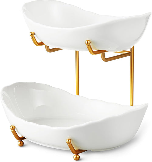 2 Tier Fruit Bowl, Ceramic Fruit Basket for Kitchen Counter