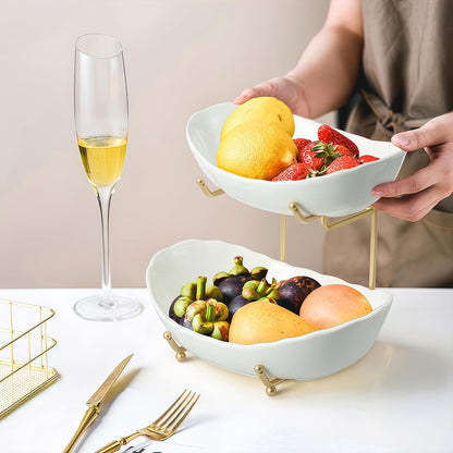 2 Tier Fruit Bowl, Ceramic Fruit Basket for Kitchen Counter