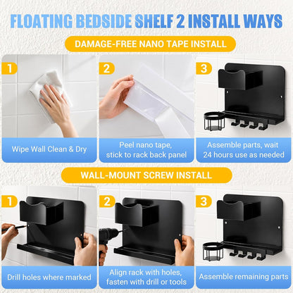 Metal Bedside Wall Shelf, No Drill Floating Bedside Shelf Wall Organizer
