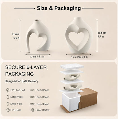 Modern Ceramic Flower Vase Home Living Room Table Decor Heart Shaped Vase Set of 2