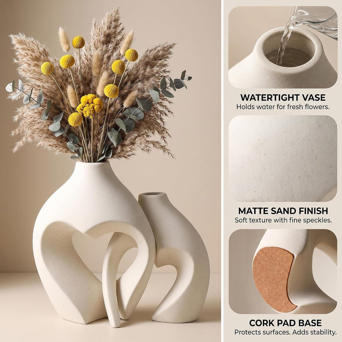 Modern Ceramic Flower Vase Home Living Room Table Decor Heart Shaped Vase Set of 2