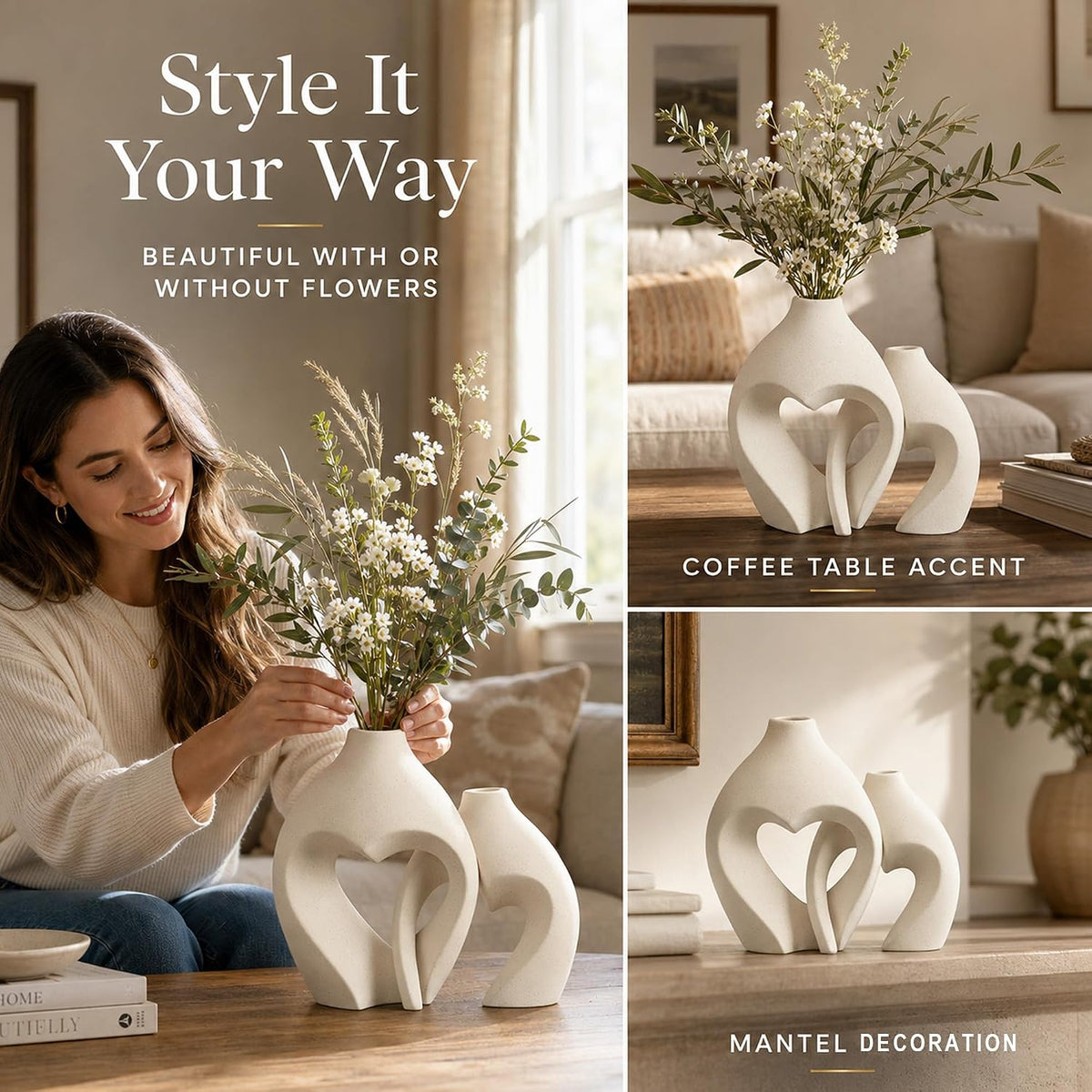 Modern Ceramic Flower Vase Home Living Room Table Decor Heart Shaped Vase Set of 2