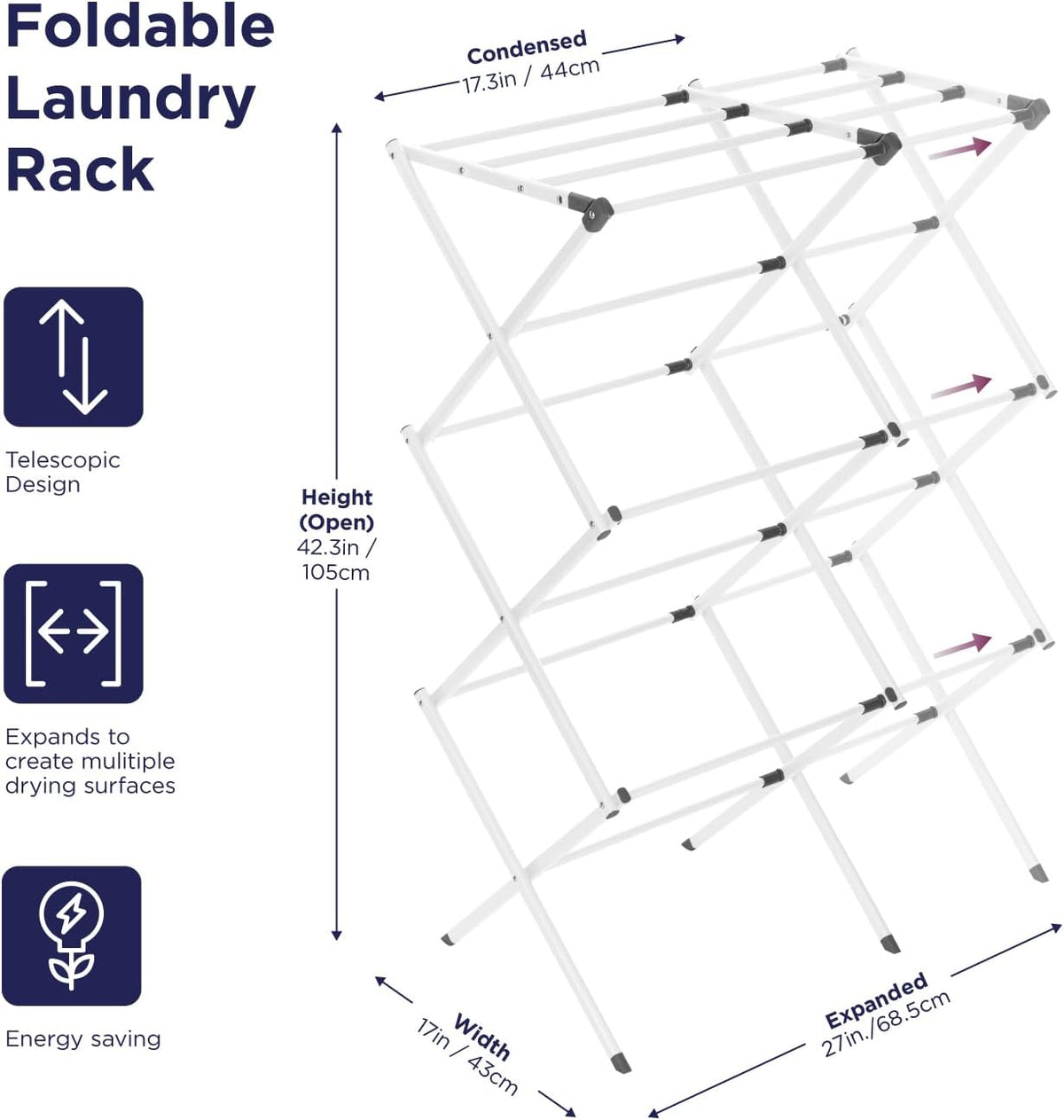3 Tier Expandable Collapsing Foldable Laundry Rack for Air Drying Clothing