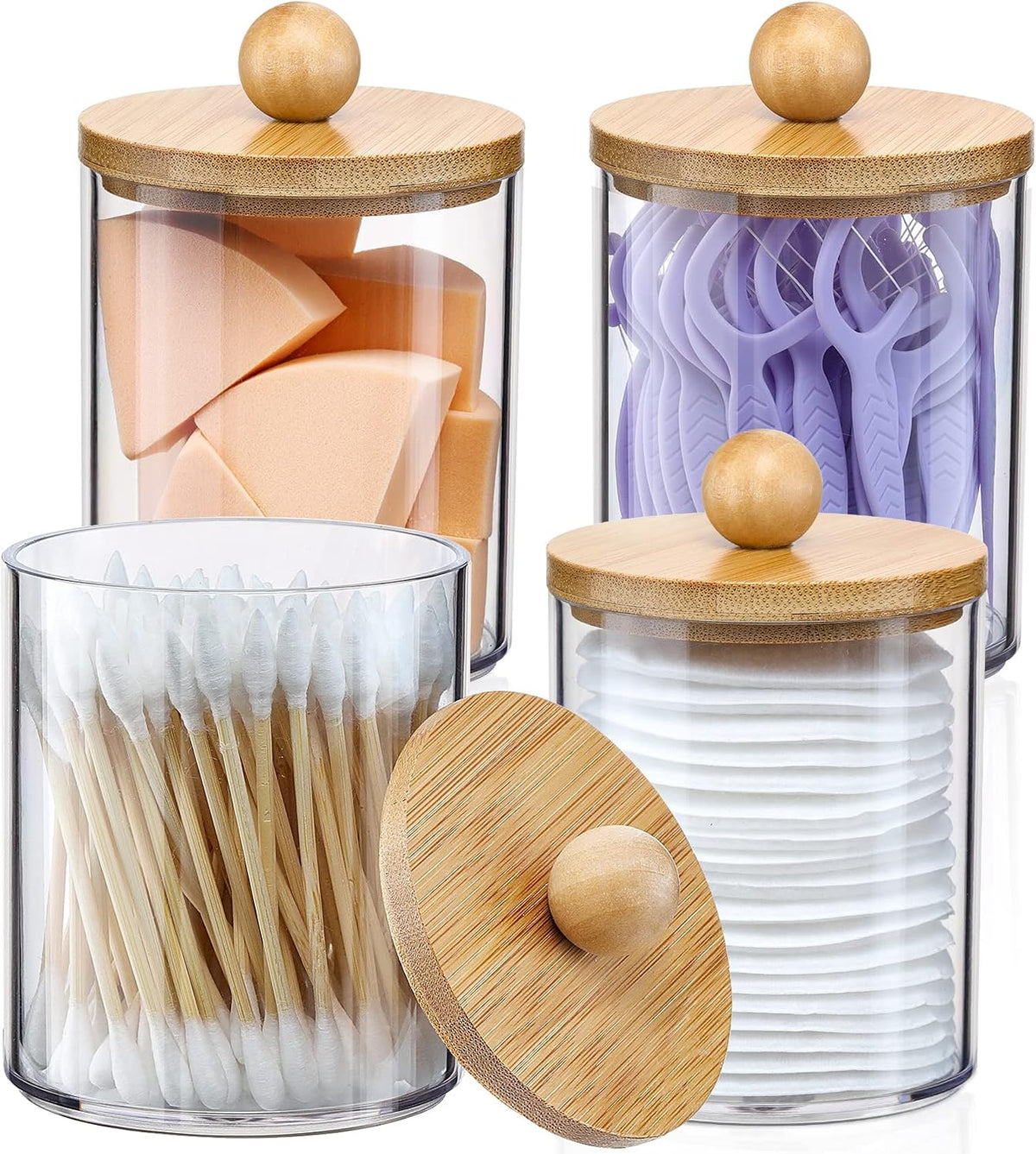 4 Pack Qtip Holder Dispenser with Bamboo Lids - 10 oz Clear Plastic Apothecary Jar Containers for Bathroom