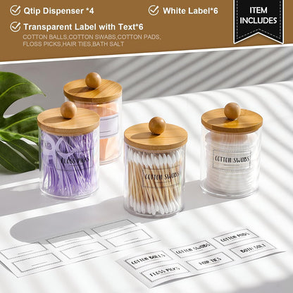 4 Pack Qtip Holder Dispenser with Bamboo Lids - 10 oz Clear Plastic Apothecary Jar Containers for Bathroom
