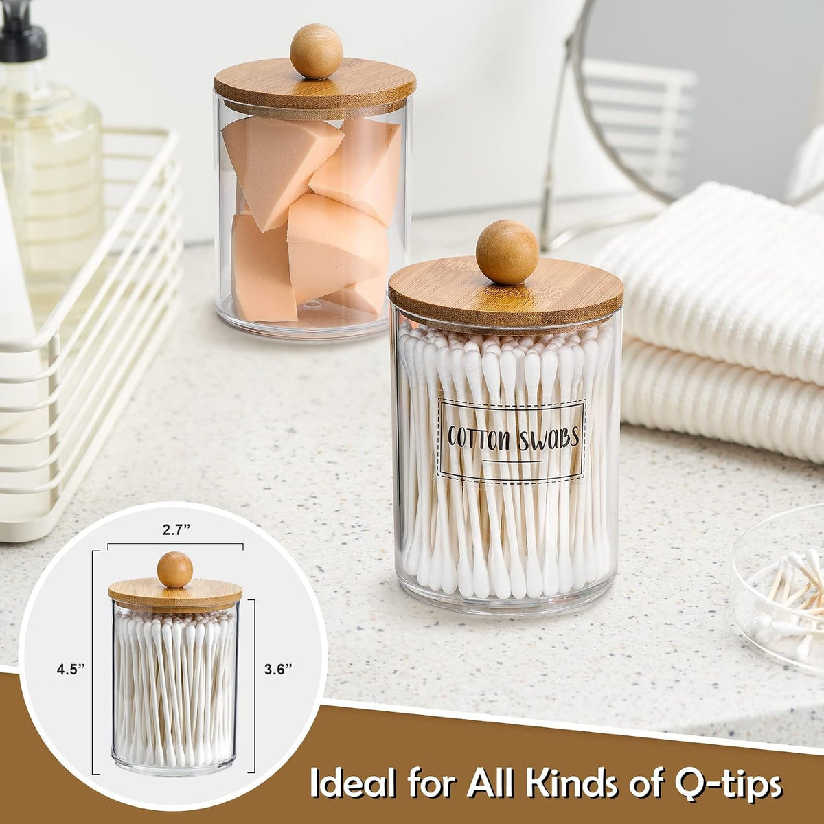 4 Pack Qtip Holder Dispenser with Bamboo Lids - 10 oz Clear Plastic Apothecary Jar Containers for Bathroom