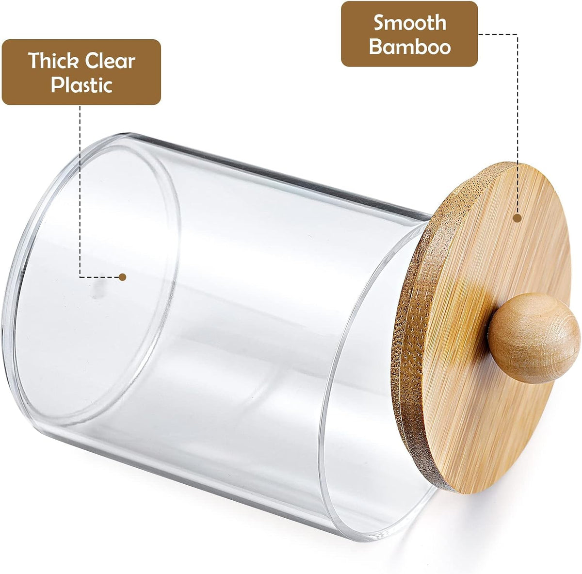 4 Pack Qtip Holder Dispenser with Bamboo Lids - 10 oz Clear Plastic Apothecary Jar Containers for Bathroom