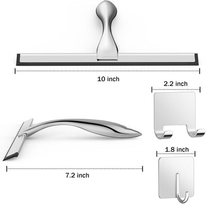 Stainless Steel Shower Squeegee for Shower Glass Door with 2 Adhesive Hooks, Bathroom Cleaner Tool