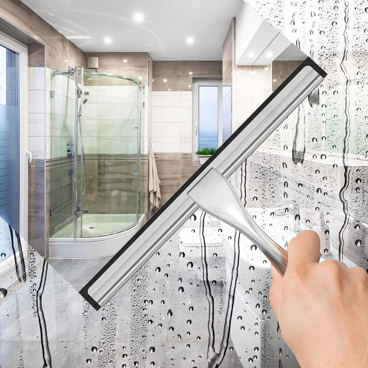 Stainless Steel Shower Squeegee for Shower Glass Door with 2 Adhesive Hooks, Bathroom Cleaner Tool