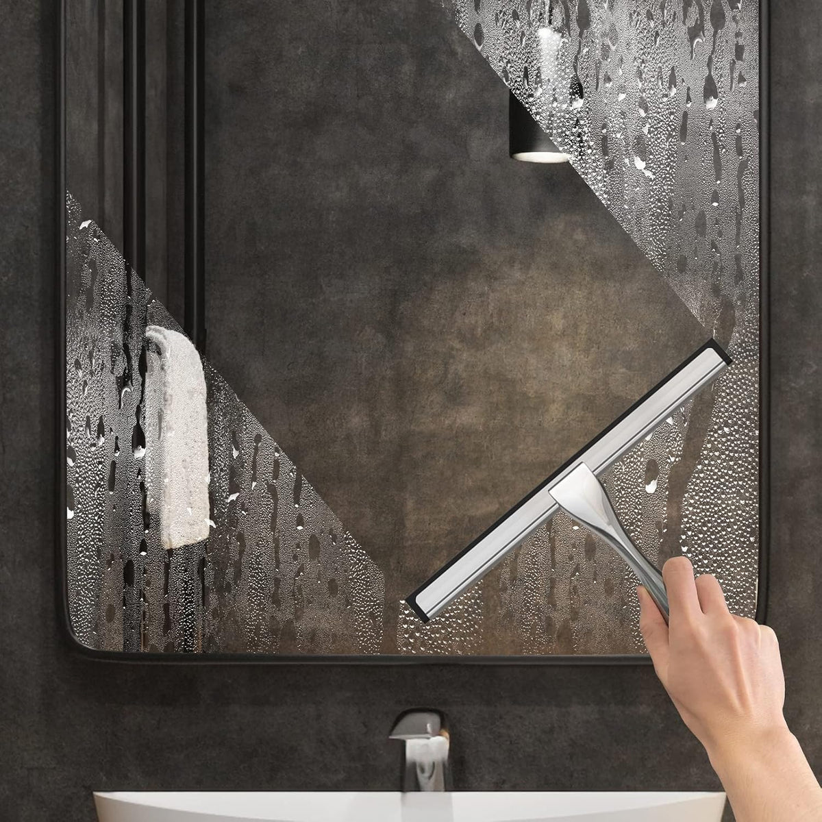 Stainless Steel Shower Squeegee for Shower Glass Door with 2 Adhesive Hooks, Bathroom Cleaner Tool