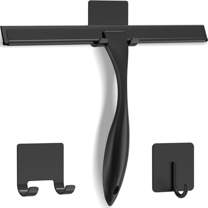 Stainless Steel Shower Squeegee for Shower Glass Door with 2 Adhesive Hooks, Bathroom Cleaner Tool