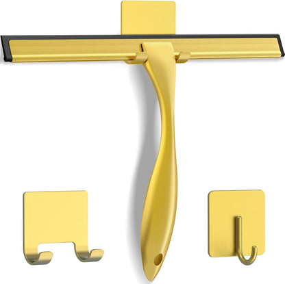 Stainless Steel Shower Squeegee for Shower Glass Door with 2 Adhesive Hooks, Bathroom Cleaner Tool
