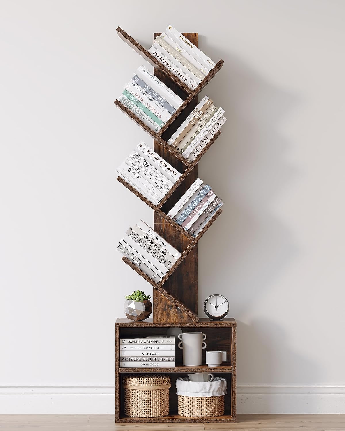 6 Tier Tree Bookshelf, Tall Small Bookcase with Storage Cabinet For Living Room