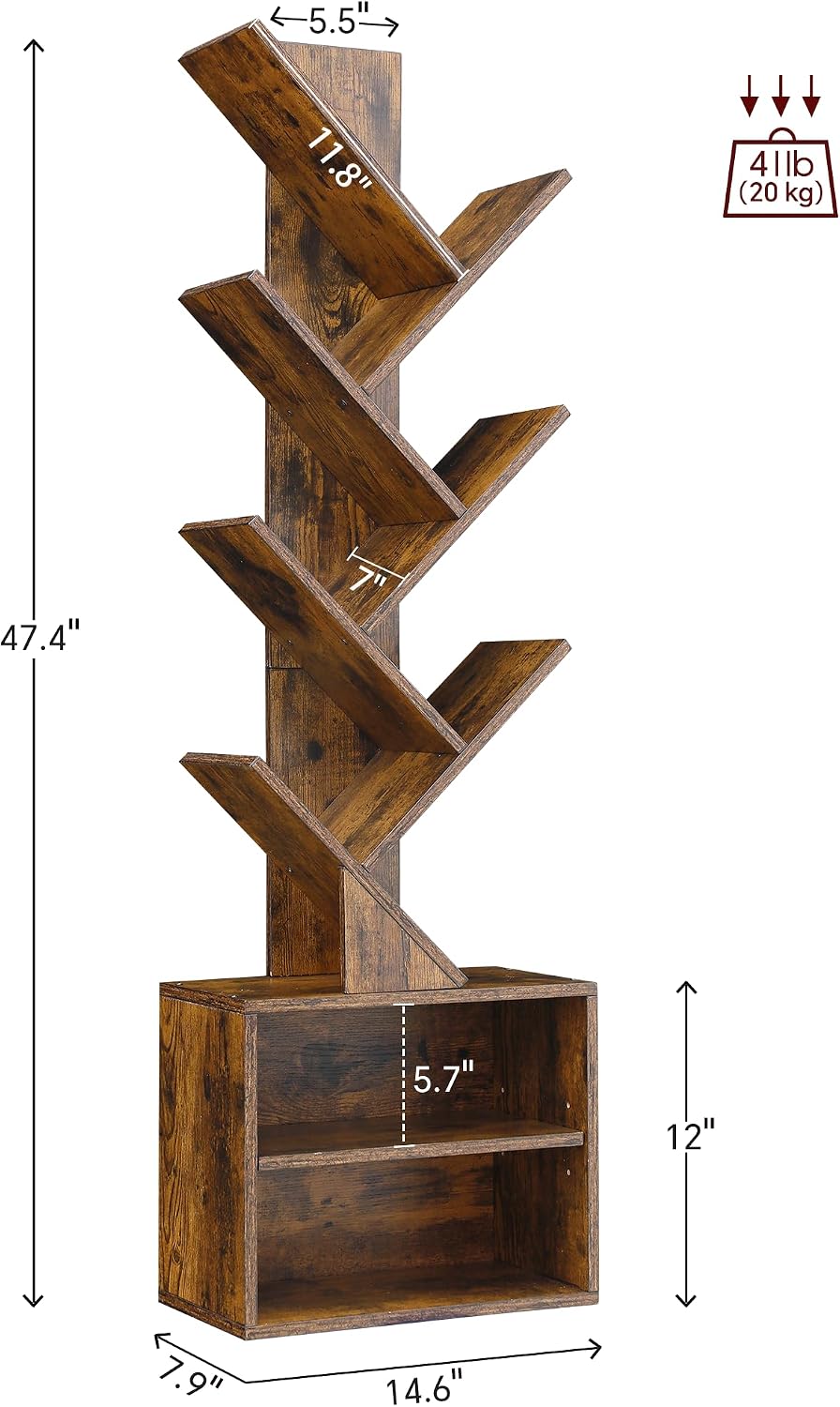 6 Tier Tree Bookshelf, Tall Small Bookcase with Storage Cabinet For Living Room