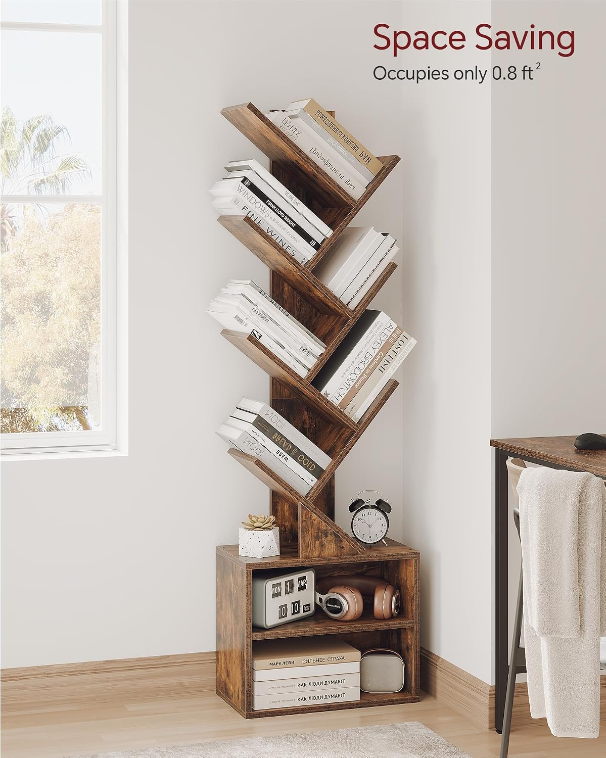 6 Tier Tree Bookshelf, Tall Small Bookcase with Storage Cabinet For Living Room