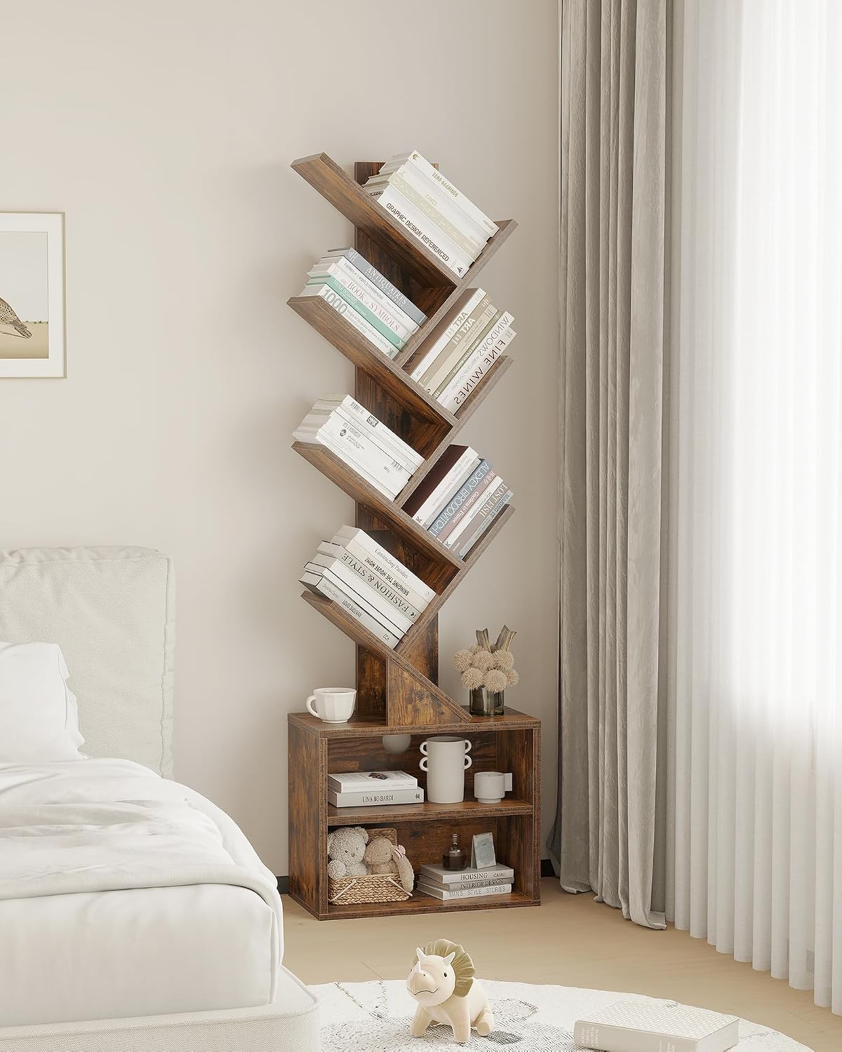 6 Tier Tree Bookshelf, Tall Small Bookcase with Storage Cabinet For Living Room