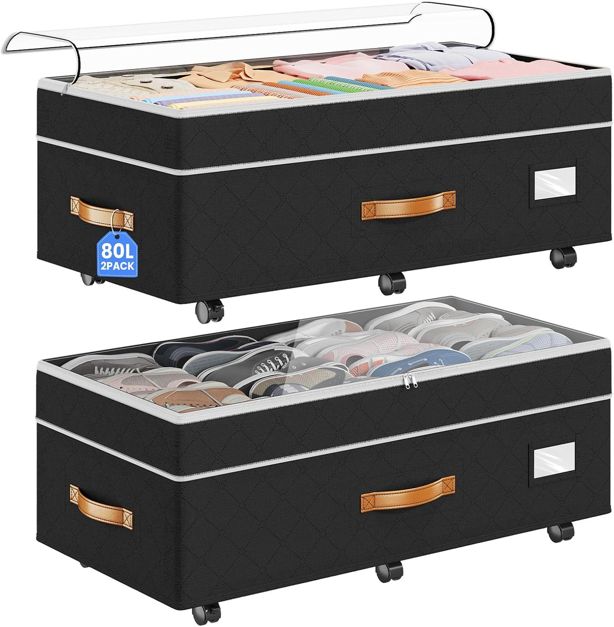 80L 2 Pack Adjustable Under Bed Storage with Wheels