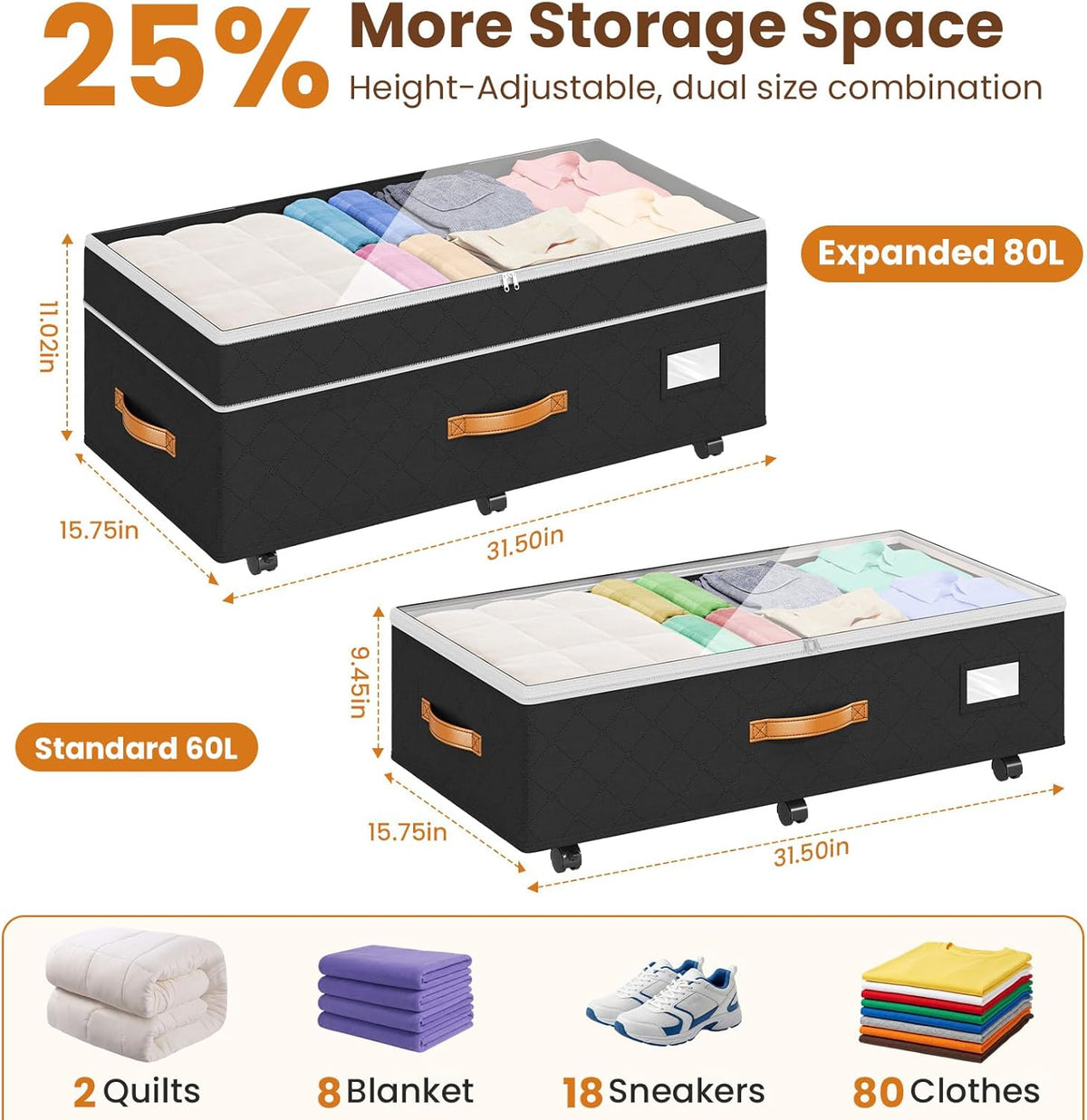 80L 2 Pack Adjustable Under Bed Storage with Wheels