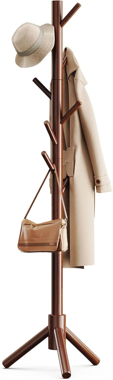 Living Room Solid Wooden Coat Rack Freestanding with 8 Hooks