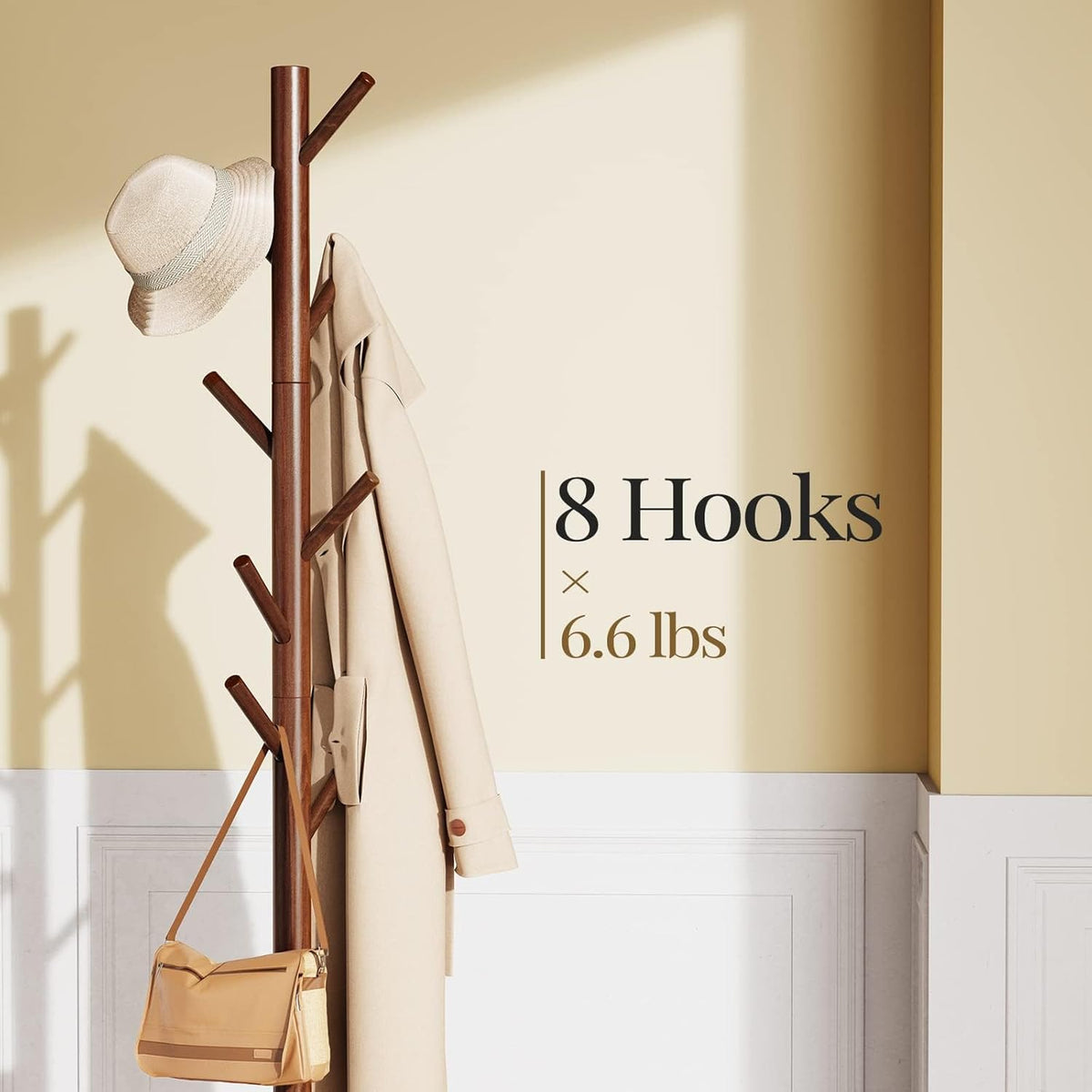 Living Room Solid Wooden Coat Rack Freestanding with 8 Hooks