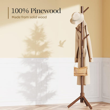 Living Room Solid Wooden Coat Rack Freestanding with 8 Hooks