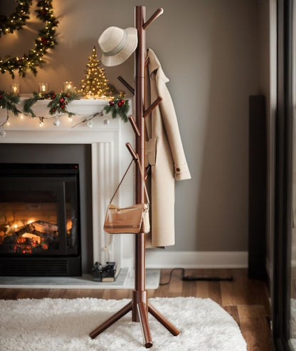 Living Room Solid Wooden Coat Rack Freestanding with 8 Hooks