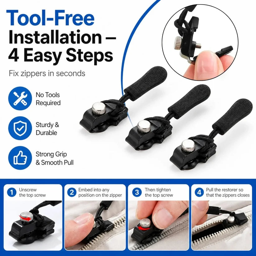 Instant and Reusable Zipper Repair Kit | Universal No-Sew Slider Replacement for Jackets, Sleeping Bags, Tents and Duffel Bags |